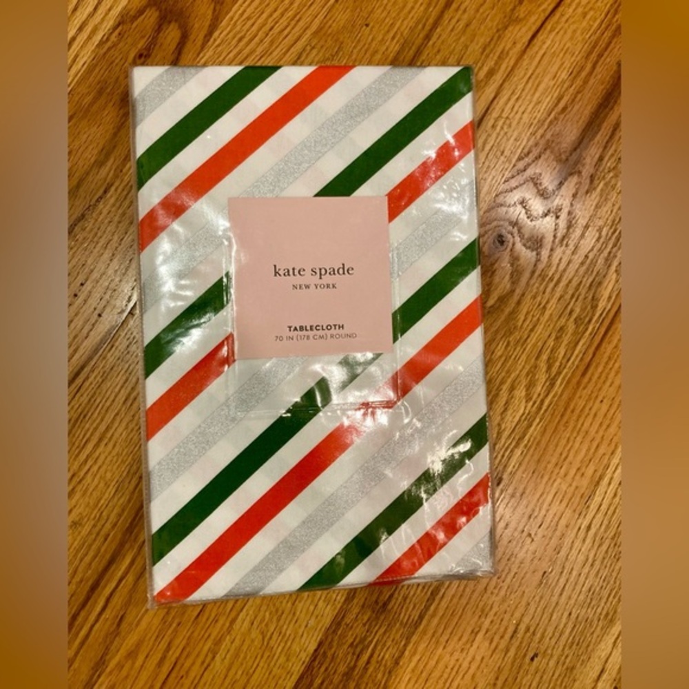 Kate Spade New York Tablecloth Candy Cane Stripe Round “70 - Red, Green, Silver
